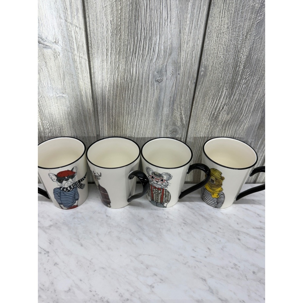 Hipster Animal Coffee Mug Set of 4 French Bulldog Deer Mouse Bear Ceramic 12oz - Picture 6 of 8